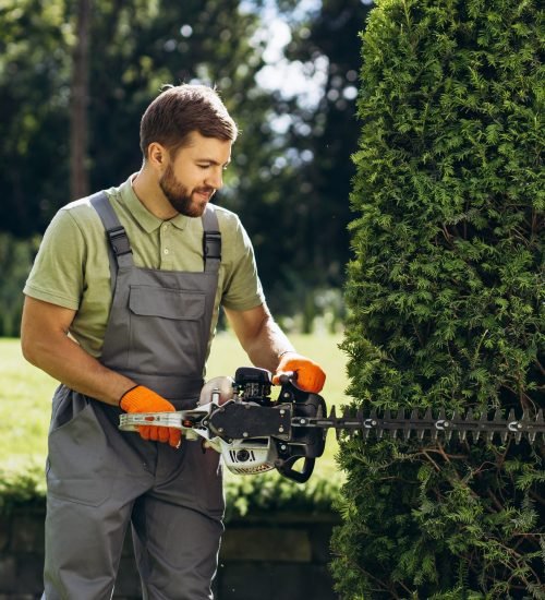 Man worker cutting bushes with an electric saw in the yard
